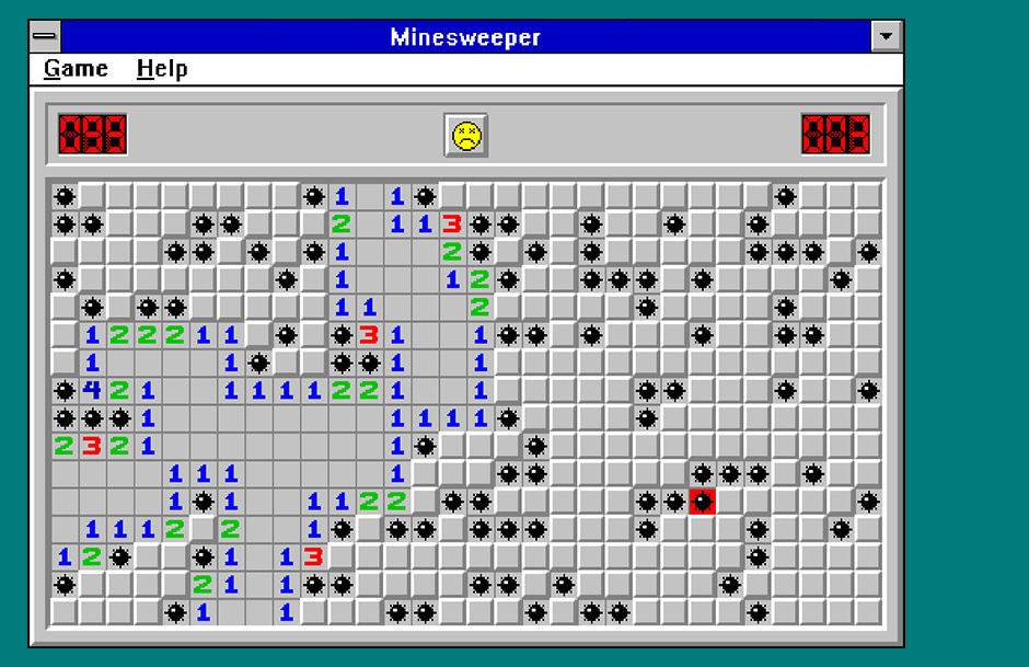1990年のWindows版マインスイーパーのプレイ画面